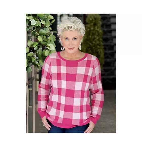 Belle by Kim Gravel Women ~sz M Sweater Can't Stop Wearing It Pink Plaid A549501 - Picture 7 of 7